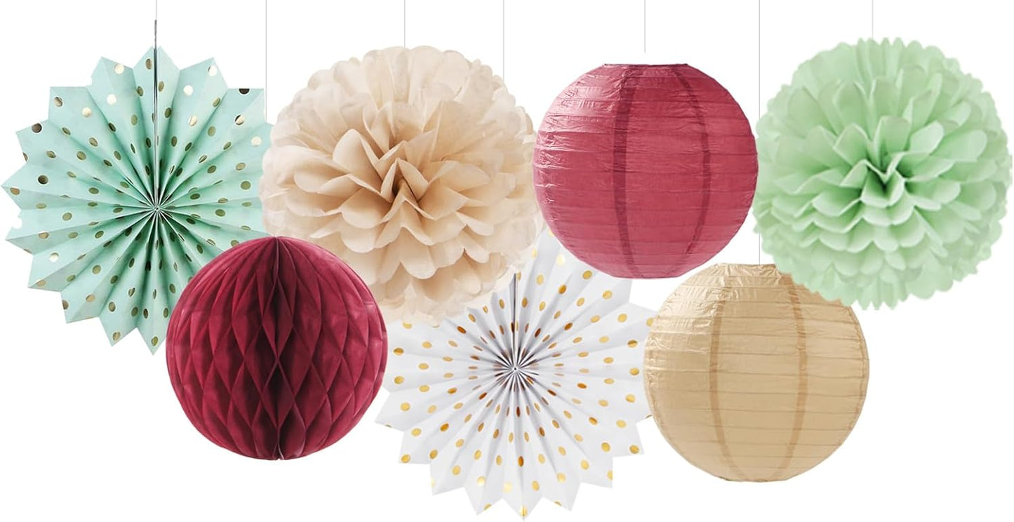 Sage-Olive Green Burgundy Champagne-Gold Party-Decorations - 14pcs Birthday Boho Paper Lanterns Fan Streamers,Tissue Pom Poms, Christmas Baby Bridal Shower Wedding Engagement Decor Lasting Surprise