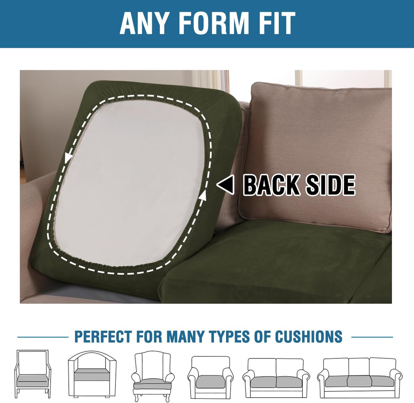 H.VERSAILTEX Velvet Stretch Couch Cushion Cover Plush Cushion Slipcover for Chair Loveseat Sofa Cushion Furniture Protector Seat Cushion Sofa Cover (3 Piece XL Sofa Cushion Covers, Olive)