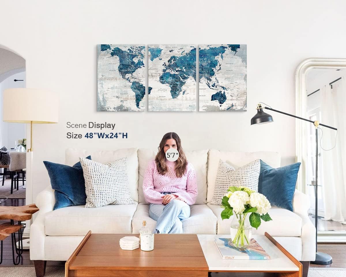 Elixart Wall Art for Living Room Office Wall Decor Pictures for Bedroom World Map Art Large Kitchen Decor 48"X24" Motivational Painting for Dining Room Wall Decorations