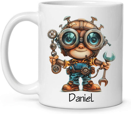 Personalized Tech Enthusiast Coffee Cup 11oz 15oz, Customized Steampunk Character Design Ceramic Mug, Unique Custom Name Mug Gift For Engineer, Kid Cup, Cute Mechanic White Cup