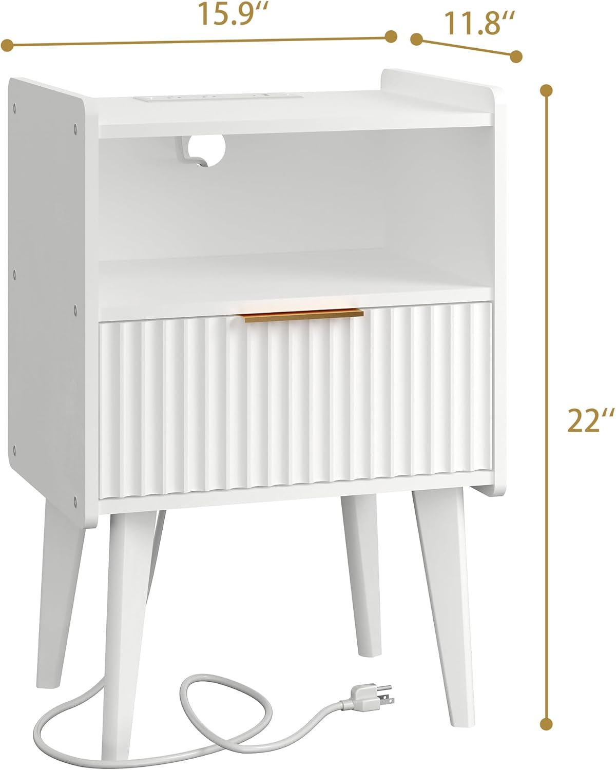 Fluted Nightstand with Charging Station, Modern Bedside Table with Drawer,White Nightstand with Solid Wood Legs, End Table,Side Table for Living Room,Bedroom White CTG57WE