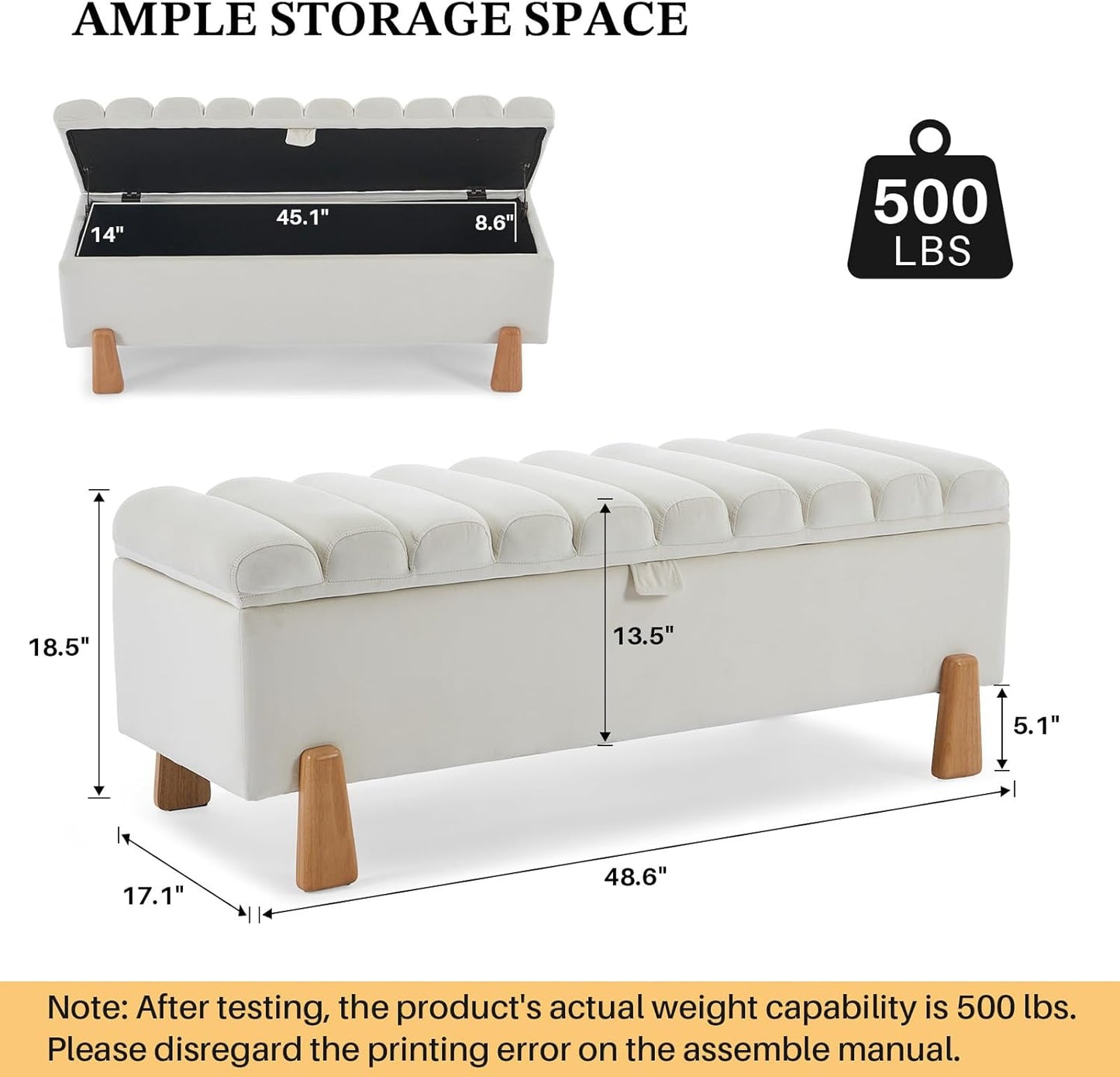 Storage Ottoman Bench for Bedroom Small Spaces 48.6 Inch with Hinged Lid Solid Wood Tapered Legs Tufted Upholstered Fabric for Living Room & Bedroom, Beige