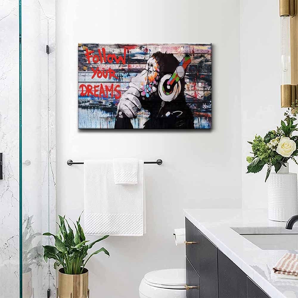 Framed Banksy Graffiti Canvas Wall Art Follow Your Dreams Monkey Poster With Headphones Prints Street Painting Picture Man Cave Wall Decor Pop Art for Living Room Ready To Hang 12"Wx16"H (30x40cm))