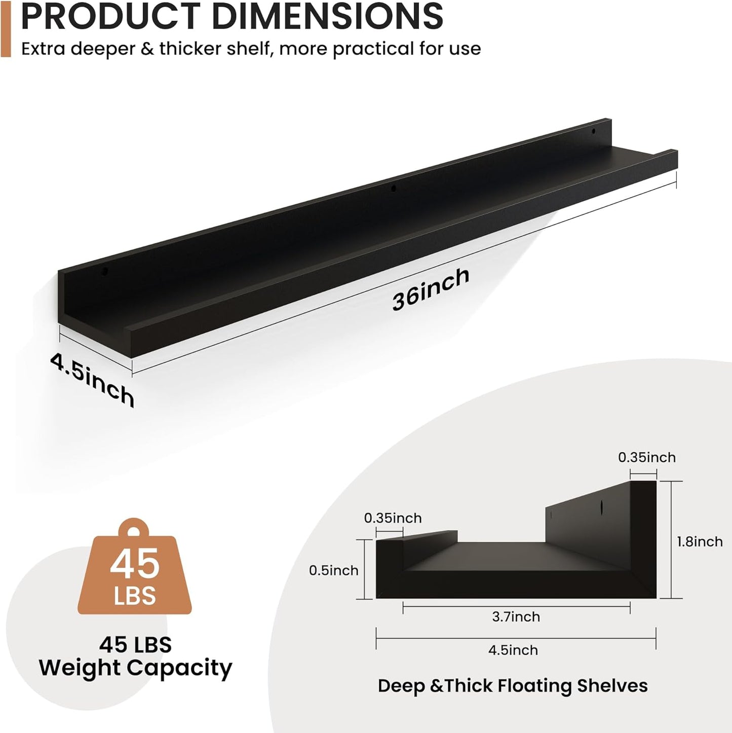 Fun Memories Picture Ledge Shelves Set of 2, 36 Inch Rustic Wall Mounted Floating Shelves with Lip for Home Storage and Décor in Bathroom, Kitchen, Nursery, Bedroom, Living Room, Black