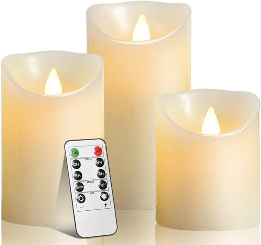 Flameless Battery Operated LED Candles with10key Button Remote Control 24-Hour Timer Set of 3 Electric Flickering Pillar Real Wax，Wedding, Party, Christmas and Home Decoration