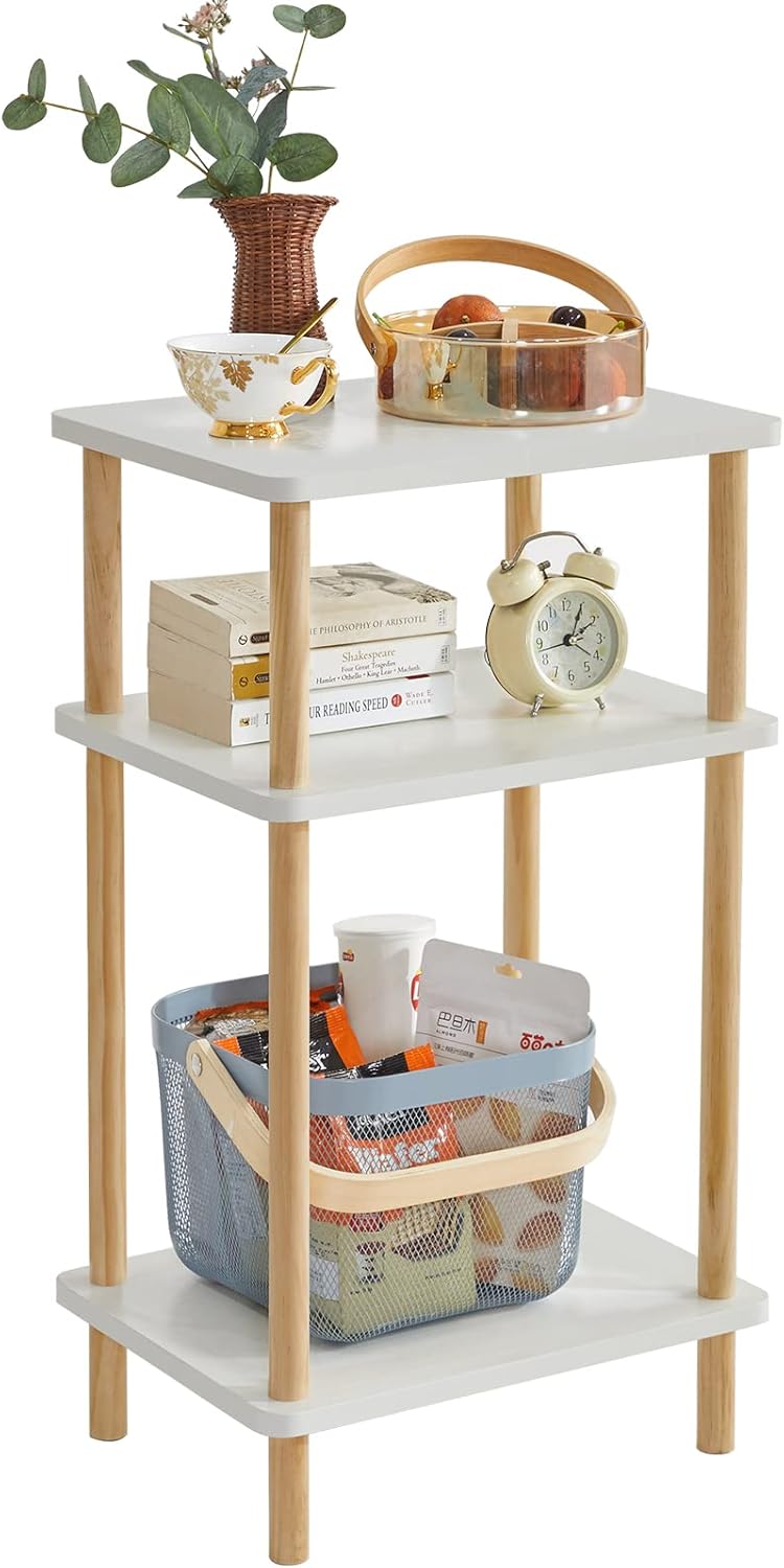 IBUYKE 3-Tier Side Table, Solid Wood Tall End Table with Storage Shelves, Nightstand Bedside Table for Living Room Bedroom Office, No-Tool Assembly, White UWST003W