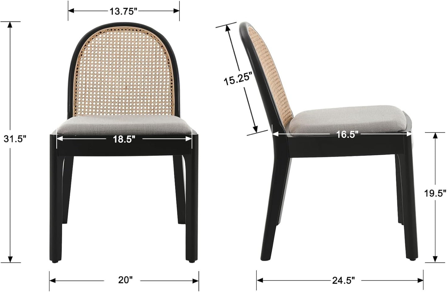 Mid Century Dining Chairs Set of 2, Accent Rattan Side Chairs Linen Fabric Kitchen Chair with Solid Wooden Legs for Living Room Dining Room, Grey