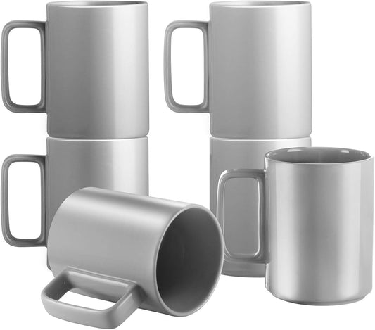 E-liu Porcelain Tea Mugs Coffee Mug Set, Large 15 Ounces Cups for Coffee, Tea, Cocoa, and Mulled Drinks, Set of 6, Grey