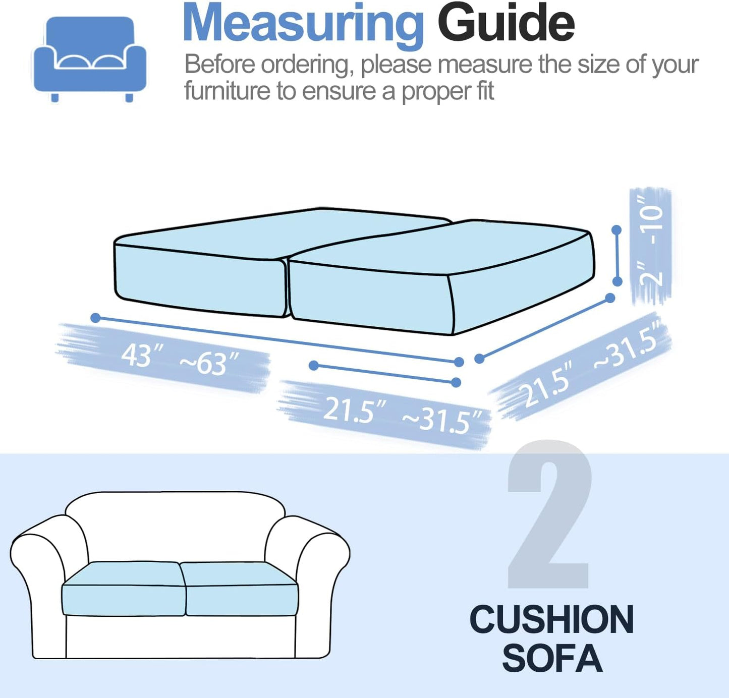Couch Cushion Covers Individual Large Super Stretch Chenille (Softer Version) Sofa Cushion Covers, Couch Seat Covers Couch Slipcovers Furniture Protector (2PC, Blue)