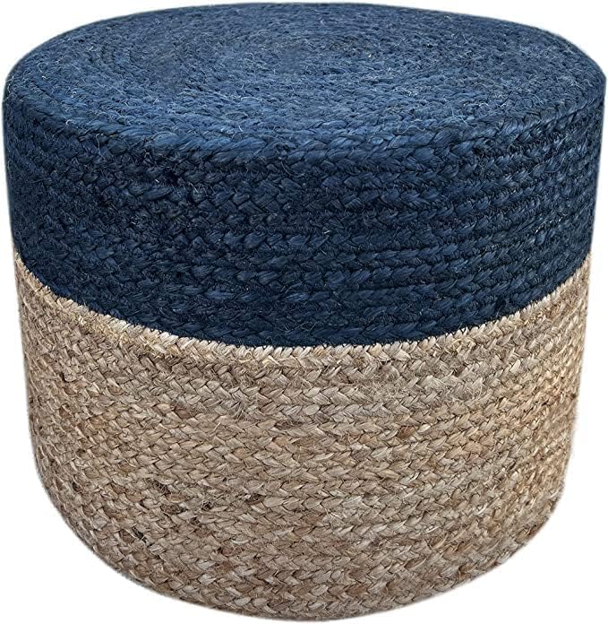 Jute Pouf Ottoman | Footrest Pouf | Hand Braided - Round Boho Pouffe - for Living Room, Bedroom, Nursery (20"x20"x10") Navy