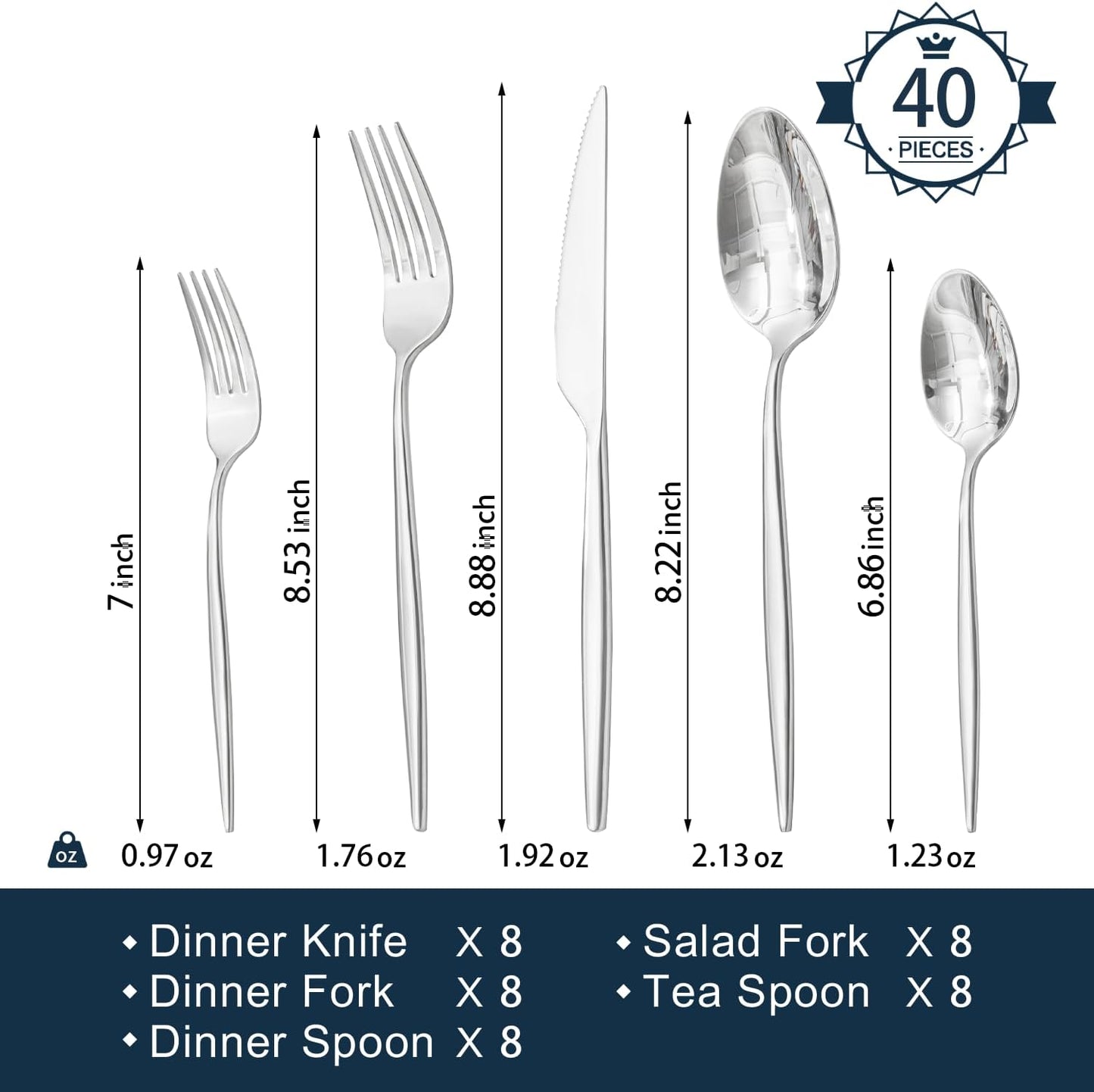 KINGSTONE Silverware Set, 40-Piece Flatware Set Cutlery Set Premium 18/10 Stainless Steel, Tableware Include Forks Knives Spoons for Home Kitchen Restaurant Wedding, Dishwasher Safe