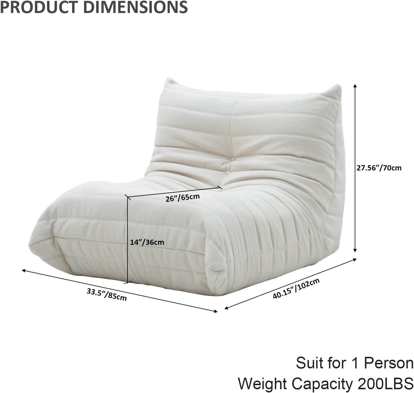 Luxury Sofa Couch Chair, Lazy Floor Seating, Fireside Bean Bag Chair, Ergonomic Tatami Sofa Lounger for Living Room, Bedroom, Office, Single Seat, White