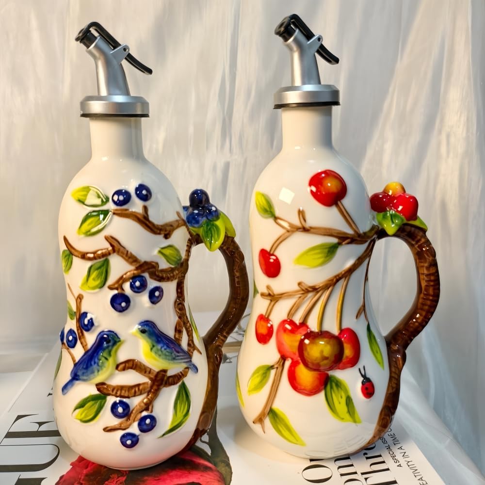 18.26oz/540ml Ceramics Olive Oil Dispenser Bottle,Hand Painted Reliefs Oil Dispenser for Kitchen,Oil Bottles for Kitchen (Persimmon)