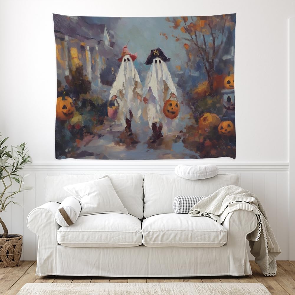 Funny Halloween Ghost Tapestry Wall Hanging Cute Kids Nursery Room Decor Trick or Treat Art Print Goth Fall Pumpkin Ghost Tapestries for Living Room Bedroom wall Decor 40x60inch