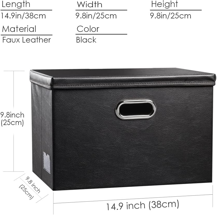PRANDOM Collapsible Storage Bins with Lids [3-Pack] Leather Fabric Foldable Storage Boxes Organizer Containers Baskets Cube with Cover for Bedroom Closet Office Nursery Black (14.9x10.8x10)