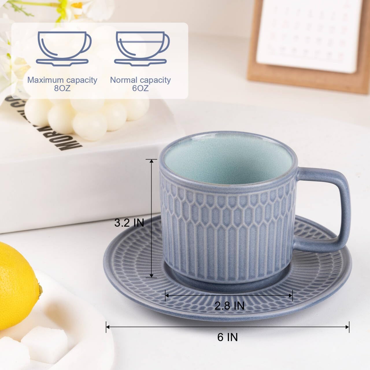 Large Cappuccino Cups with Saucers Set of 4, 8 Ounce Stackable Embossed Ceramic Coffee Mugs for Specialty Coffee Drinks, Latte, Cafe Mocha and Tea, Dishwasher & Microwave Safe (Blue)