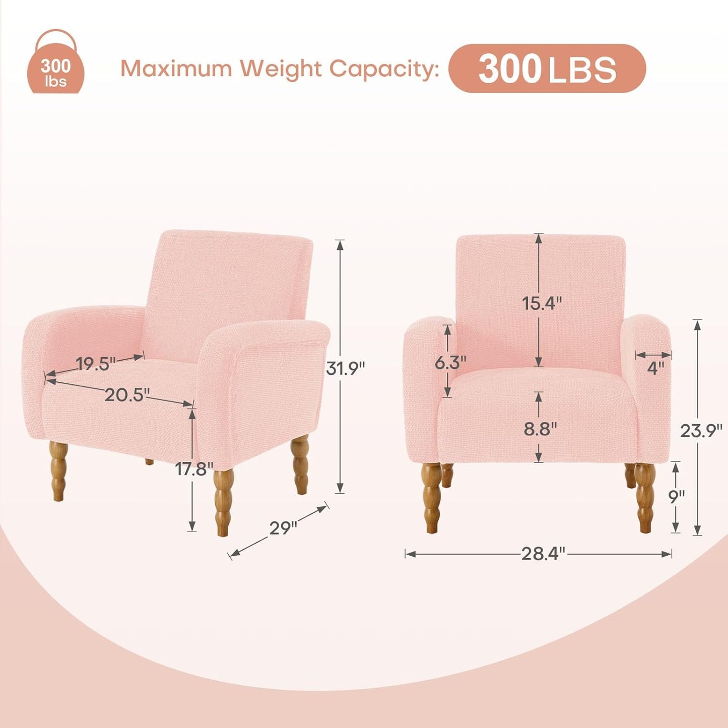 Chenille Fabric Accent Chair Set of 2, Upholstered Armchair with Solid Wood Legs, Modern Living Room Accent Chair, Comfy Single Sofa Chair Reading Club Chair for Bedroom Reception Lounge,Pink