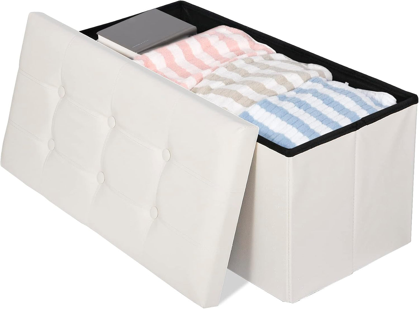 SUPER DEAL Folding Storage Ottoman Bench, Waterproof Faux Leather Ottoman Padded Seat Footrest Bench for Living Room, Bedroom, Entryway, Small Spaces, 15 x 30 x 15 inches, Creamy White
