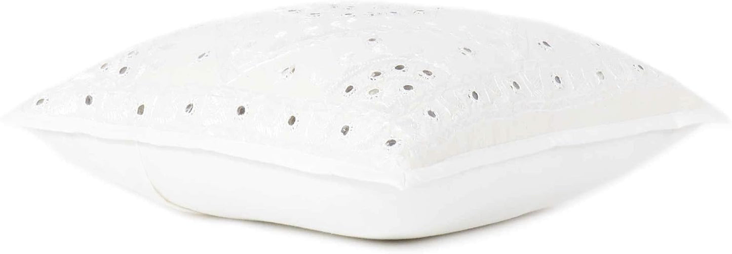 Eyes of India Embroidered Decorative Boho Throw Pillow Cover with Mirrors, Handmade Bohemian Accent Cushion Case for Sofa Couch Bedroom Living Room (White, 24" x 24")