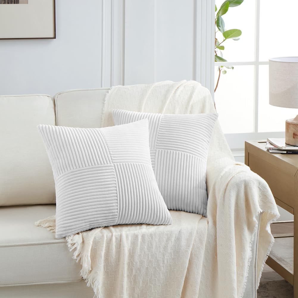 Fancy Homi 2 Packs White Euro Decorative Throw Pillow Covers 26x26 Inch for Living Room Couch Bed, Rustic Farmhouse Boho Home Decor, Soft Corss Corduroy Patchwork Textured Square Cushion Case 66x66 cm