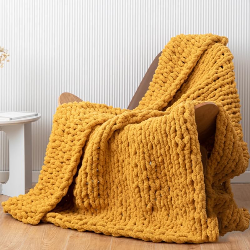 Chunky Knit Blanket Throw 48"*71", Hand Knitted Warm Chenille Throw Blanket, Home Decor Soft Thick Yarn Cable Knit Blanket,Soft Breathable Fleece Banket Christmas for Couch Bed Sofa Best Gift (Yellow)