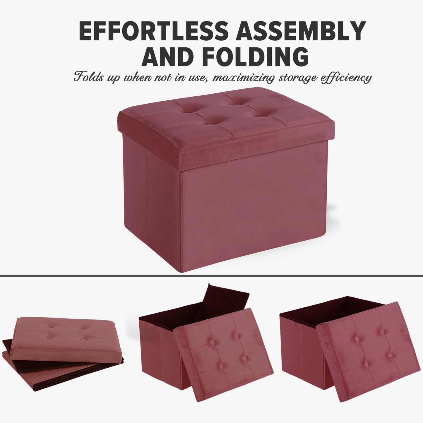 LINMAGCO Storage Ottoman Folding Foot Stool Velvet Footrest with Padded Modern Ottoman with Storage for Living Room Puppy Step Stool 17x13x13in(Jelly Pink)