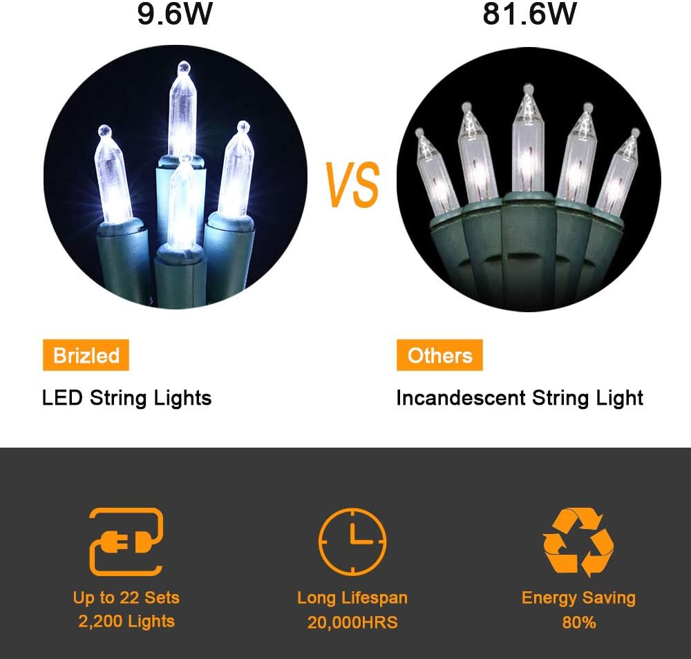 Brizled Christmas Tree Lights, 2 Pack 33ft 100 LED Christmas Lights, 120V UL Certified Connectable Xmas Light Indoor Outdoor, Clear Mini Light for Xmas, Tree, Home, Holiday, Green Wire, Bright White