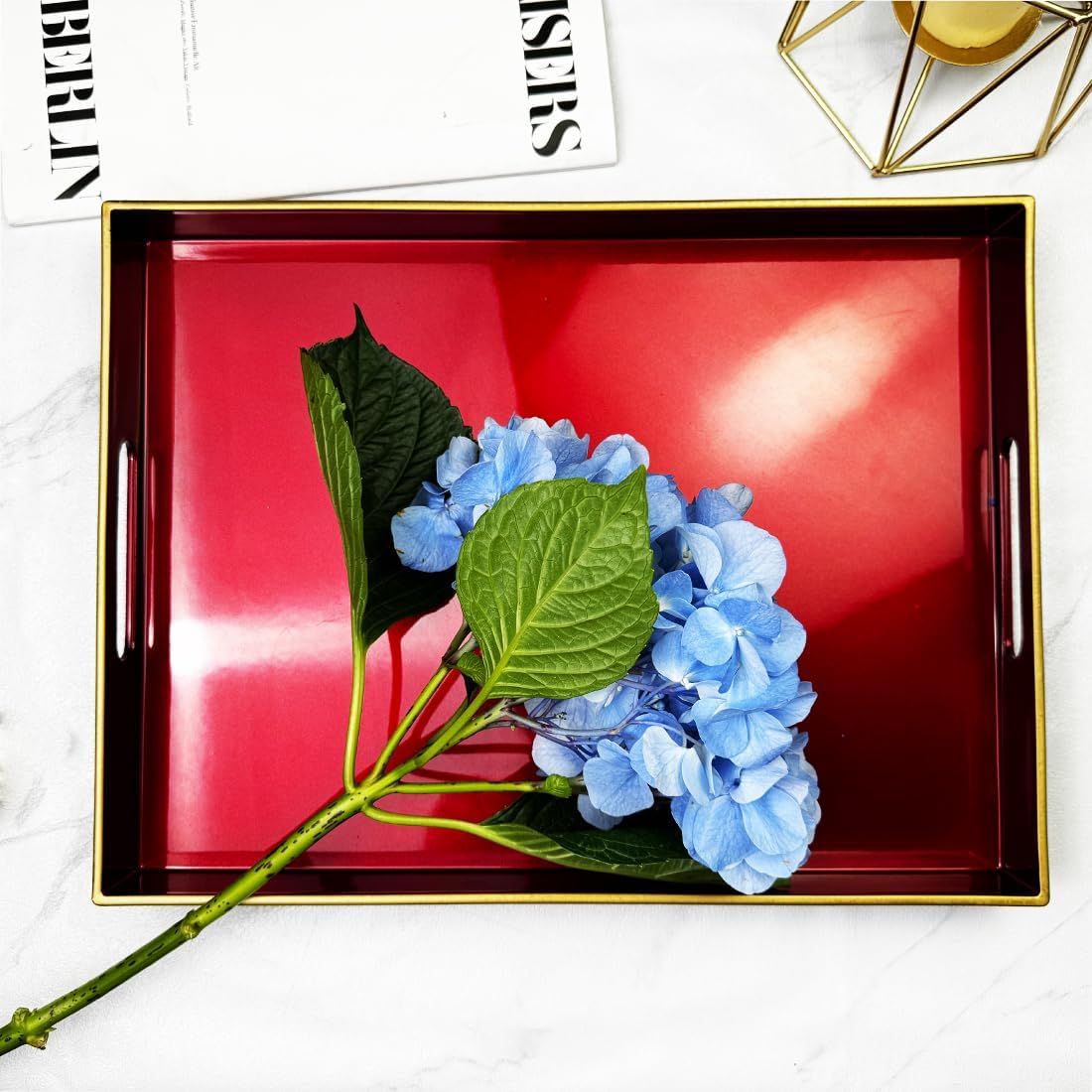 Large Red Decorative Tray, Serving Tray with Handles, Plastic Coffee Table Tray for Ottoman, Living Room, Bathroom, Decor. 15.7” x 11.8” x1.6”