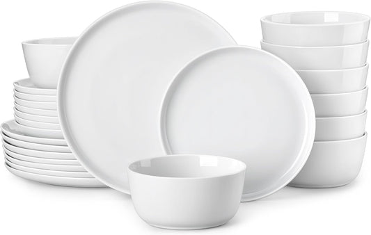 MALACASA 24 Pieces Gourmet Porcelain Dinnerware Sets, Premium Plates and Bowls Set, High-Fired Ceramic Dishes Set for 8, Chip & Scratch Resistant, Microwave Dishwasher Safe, White, Series LEXI