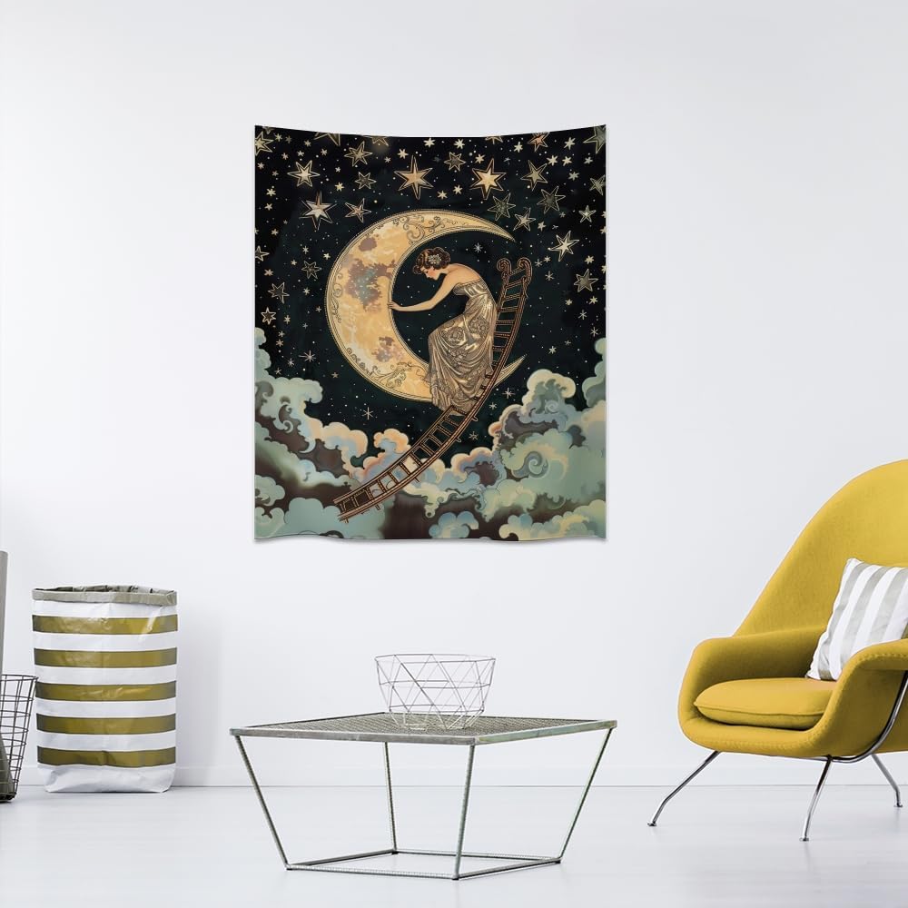 Dark Academia Gothic Aesthetic Tapestry ladder to The Moon and Stars Wall Hanging Print Trendy Vintage Art Nouveau Tapestries Decor for Home Bedroom Living Room 40x60inch