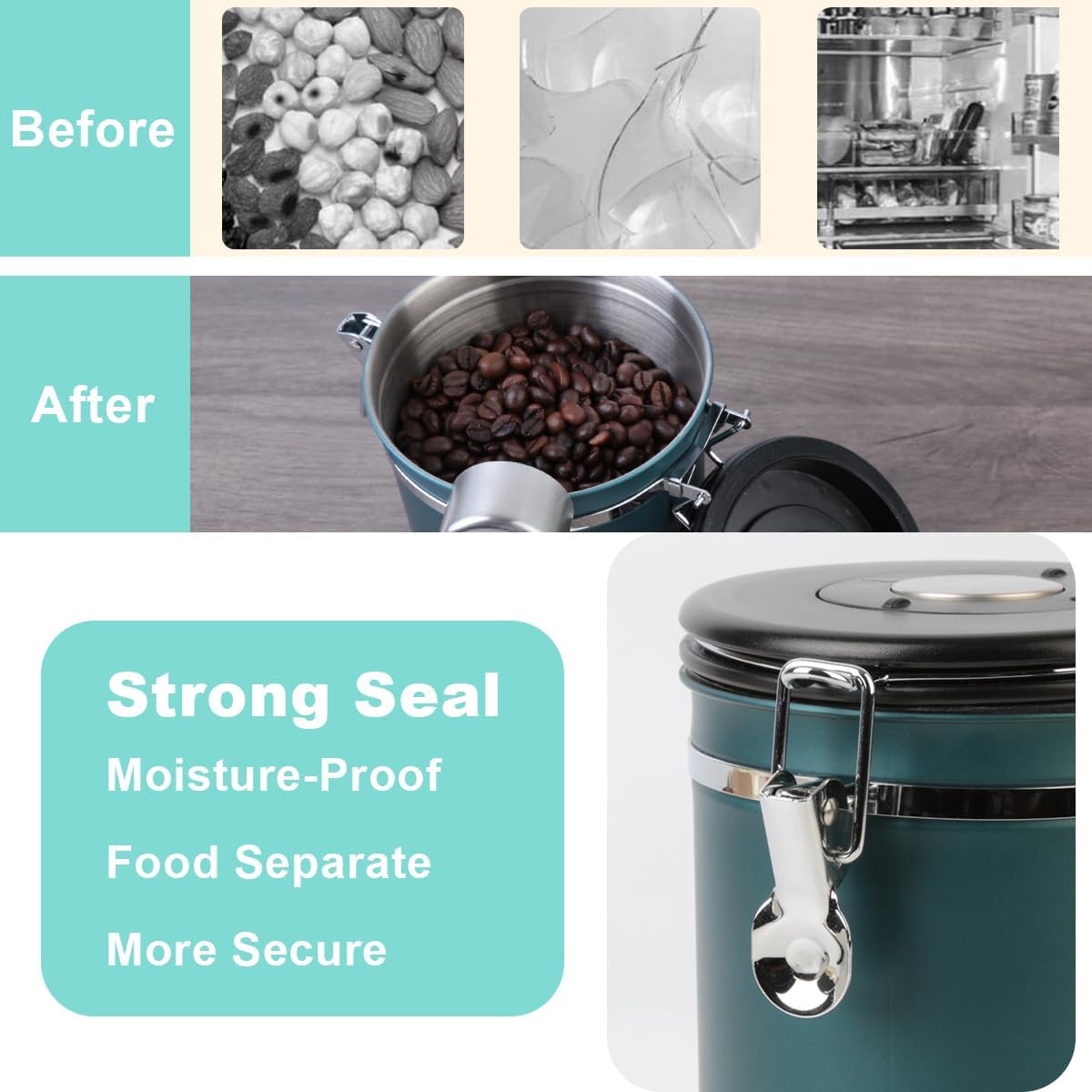 Coffee Canister Airtight Storage Container Stainless Steel Air Tight Coffee Jar with Scoop, Date Tracker CO2 Release Valve for Dry Food, Beans, Ground, Tea, Flour, Cereal and Sugar (1.8L,Green,2Pcs)