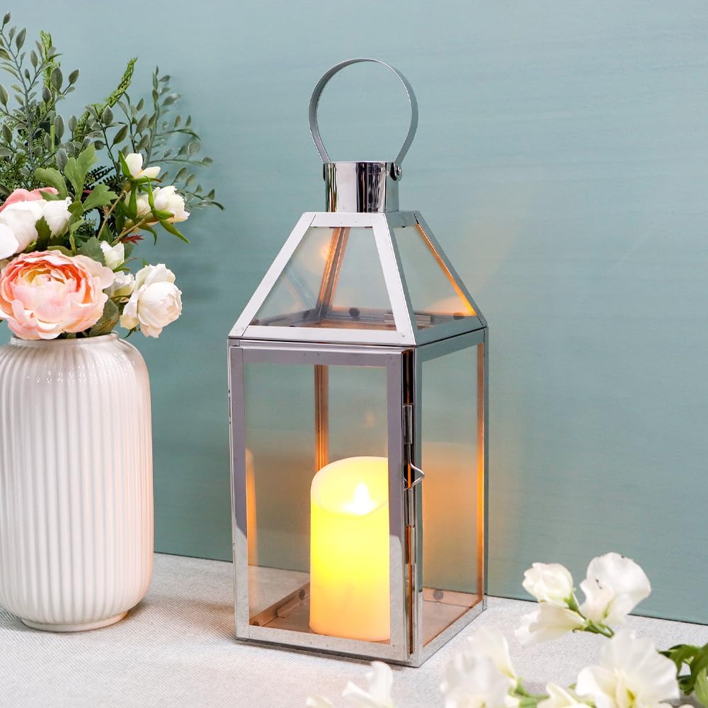 JHY Design Silver Decorative Lanterns 16inch High Stainless Steel Candle Lanterns with Tempered Glass for Indoor Outdoor Events Parities and Weddings