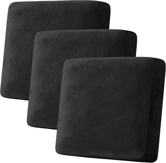 H.VERSAILTEX Velvet Stretch Couch Cushion Cover Plush Cushion Slipcover for Chair Loveseat Sofa Cushion Furniture Protector Seat Cushion Sofa Cover (3 Piece XL Sofa Cushion Covers, Black)