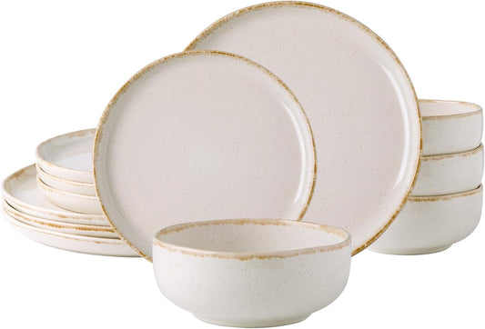AmorArc Ceramic Dinnerware Sets, Wavy Rim Stoneware Plates and Bowls Sets, Highly Chip and Crack Resistant | Dishwasher & Microwave Dishes set, Service for 4 (12pc)-Speckled Cappuccino