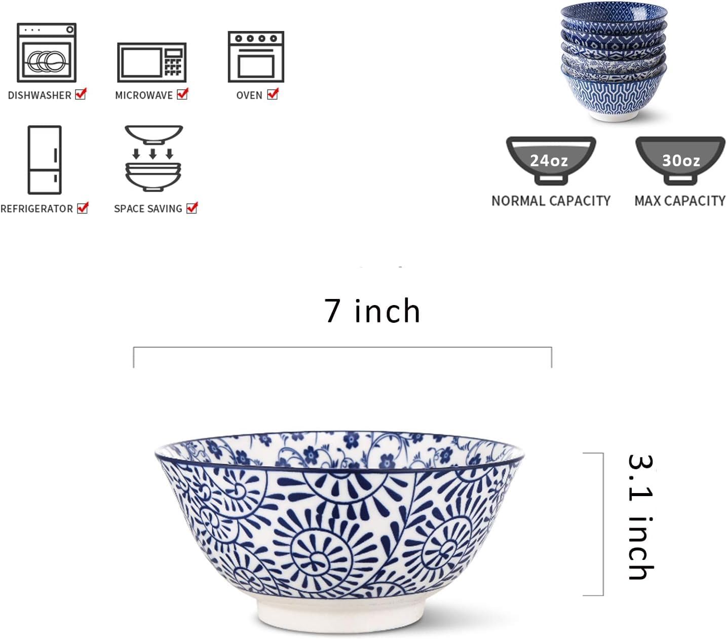 Selamica 7 inches Porcelain Cereal Bowl Set - Set of 6, Soup Bowls, Ceramic bowls for Cereal, Soup, Salad and Pasta, Vintage Blue