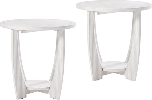 Rustic Farmhouse end Table X 2P with Storage Shelf, French Country Accent Side Table for Family, Dinning or Living Room, Small Spaces, Modern, Round, White