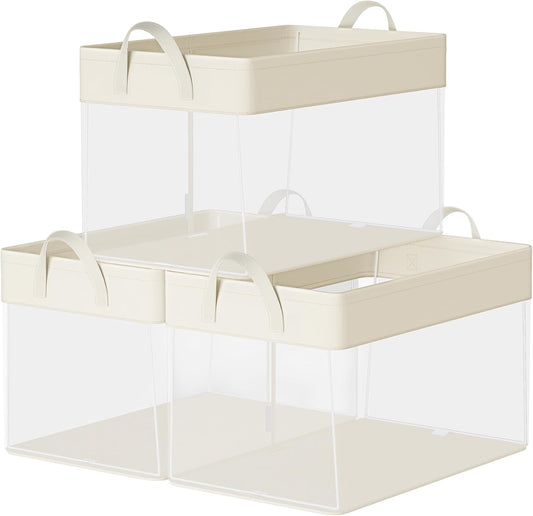SONGMICS Storage Bins Set of 3, Large Fabric Storage Baskets, Foldable Organizer with Transparent Nylon Mesh, 19.7 x 11.8 x 11.8 Inches, Handles, for Bedroom, Living Room, Cream White URFB950W01