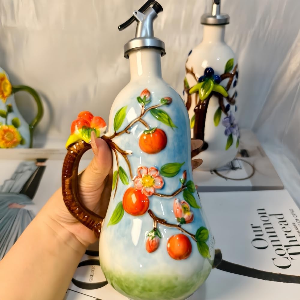 18.26oz/540ml Ceramics Olive Oil Dispenser Bottle,Hand Painted Reliefs Oil Dispenser for Kitchen,Oil Bottles for Kitchen (Persimmon)