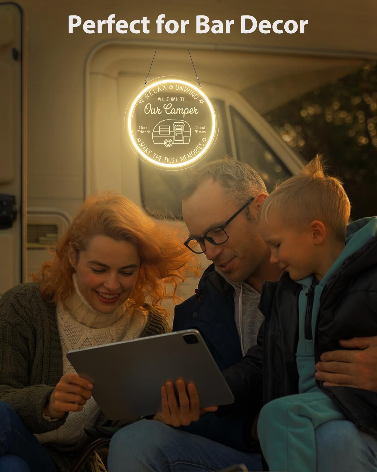 Camper LED Neon Sign for Camping Party Decor, Dimmable Neon Wall Lights Signs for Backyard Patio Garden BBQ Touring Car Decoration, 3D Art Light Up Sign for Housewarming Birthday Gifts