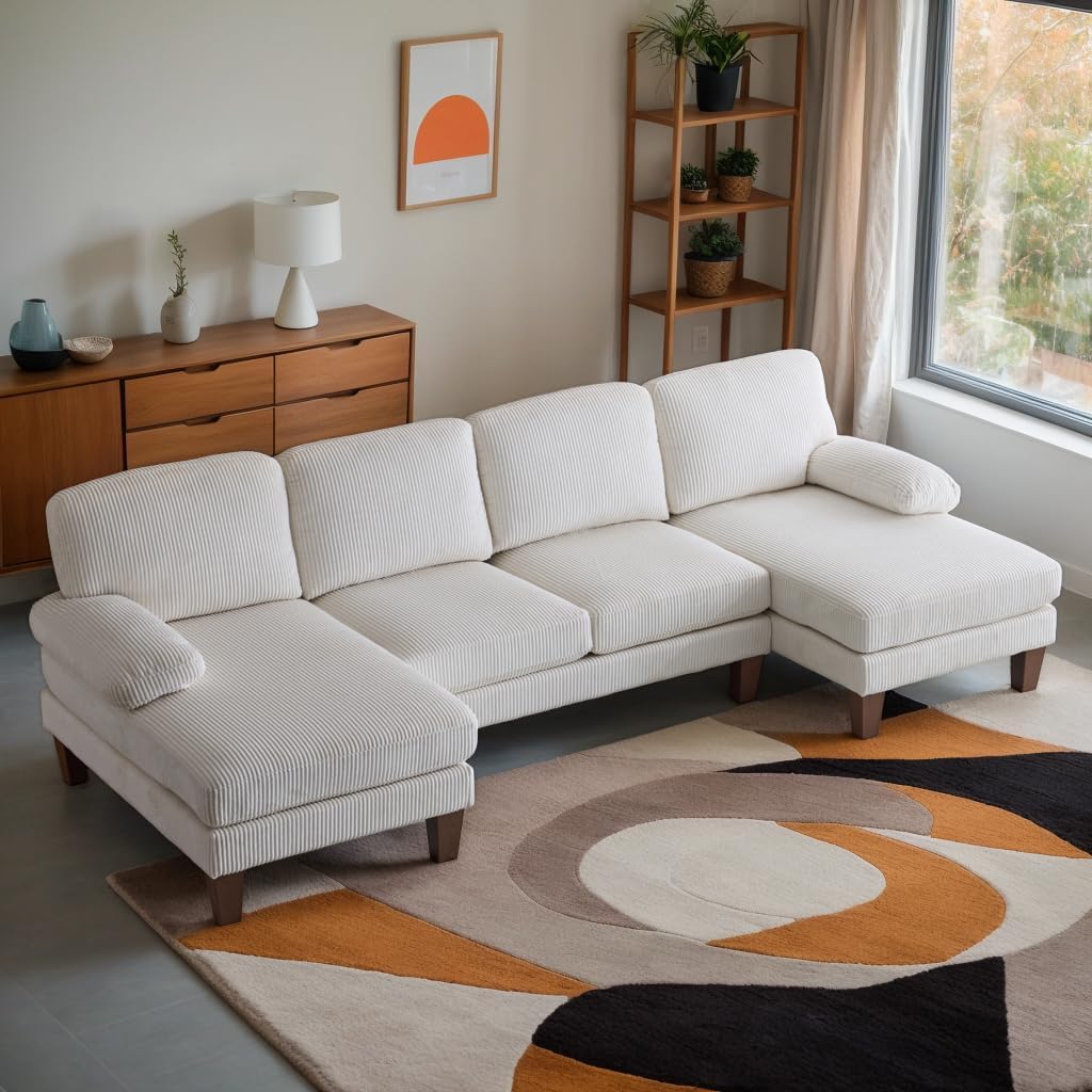 Karl home U-Shape Sectional Sofa Couch 111" Modern 4-Seat Sofa with Chaises Corduroy Fabric Upholstered Covertible Couch with Wood Grain Legs for Living Room, Reception Room, Apartment, Beige
