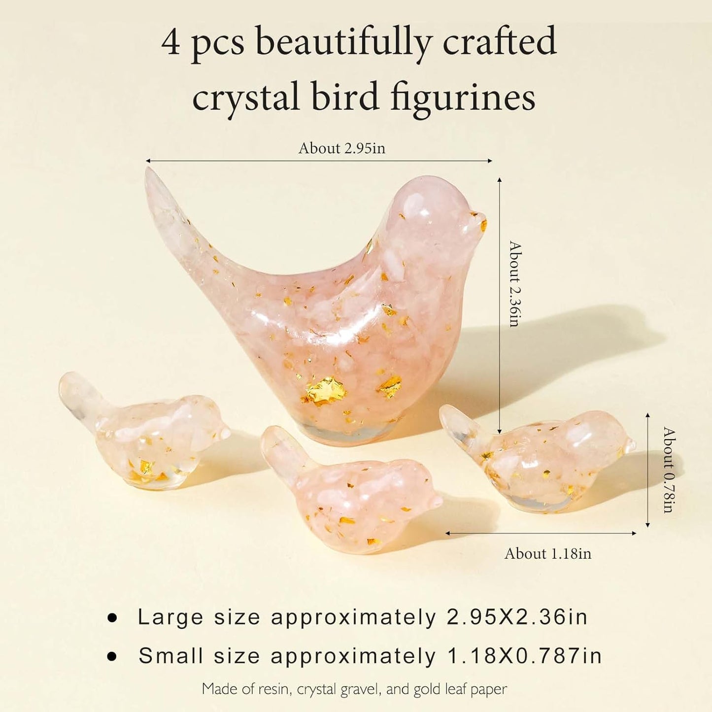 Crystal Bird Figurines, Resin Animal Statues, Miniature Decorative Gravel Birds, Home Decor (4PCS-RoseQuartz)
