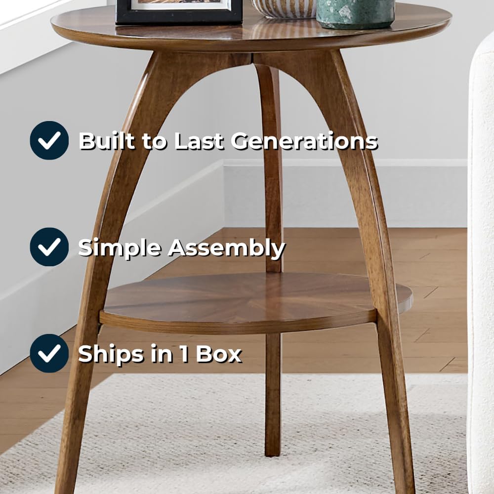 Martin Svensson Home Round Wood Walnut Brown 20" Living Room End Side Accent Table Nightstand with Storage Shelf