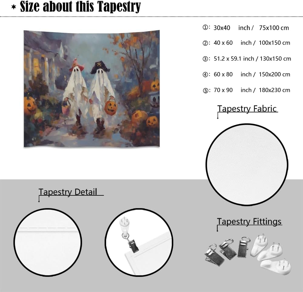 Funny Halloween Ghost Tapestry Wall Hanging Cute Kids Nursery Room Decor Trick or Treat Art Print Goth Fall Pumpkin Ghost Tapestries for Living Room Bedroom wall Decor 60x80inch