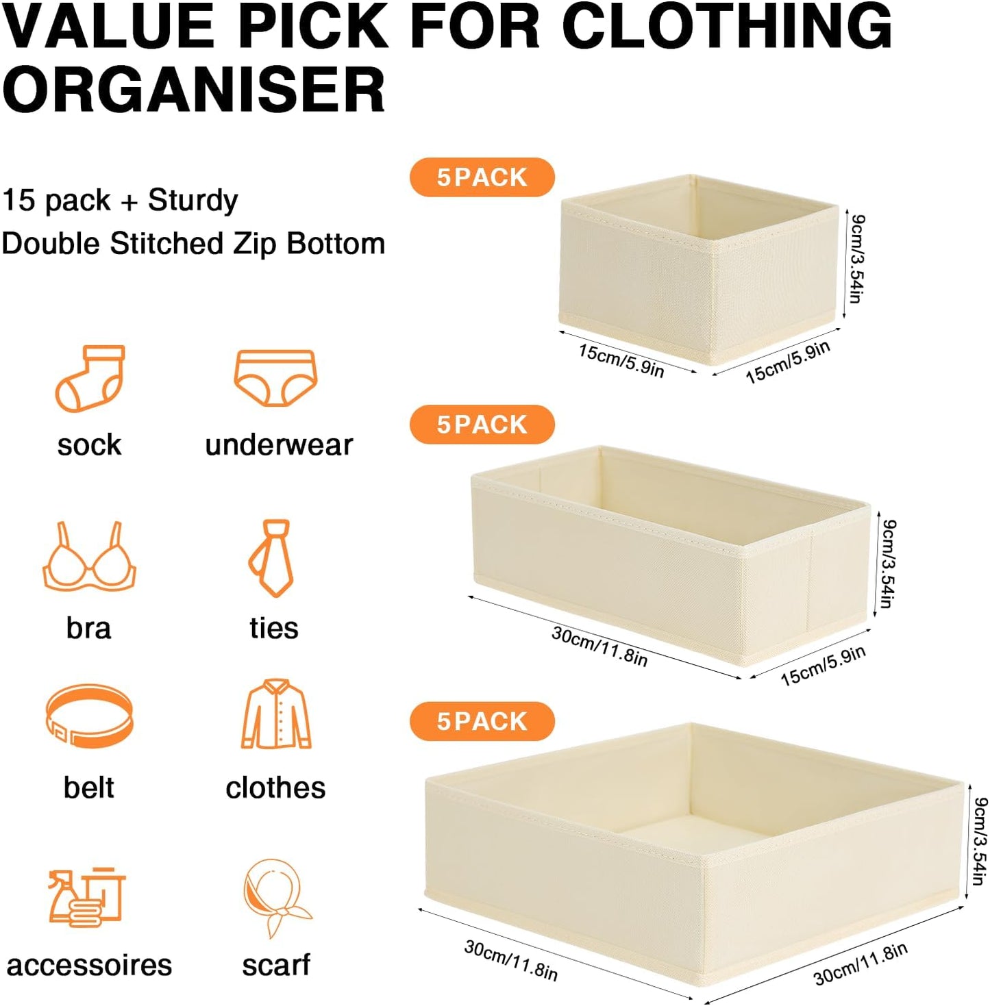 DIMJ Drawer Organizer Clothes 15 Pack - Foldable Baby Organizers and Storage & Dresser Organizer for Bedroom, Closet - Nursery Organization Dresser Dividers for underwear, Sock,Bra, Belt, Tie, Beige