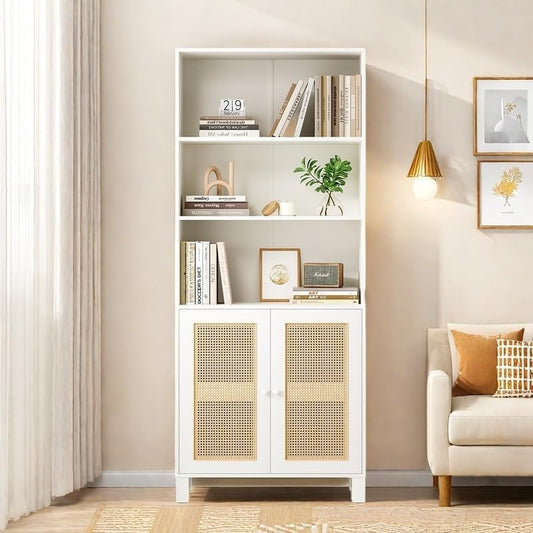 Tall Bookshelf, 5-Tier Book Shelf with 2 Rattan Doors, Freestanding Bookcase Display Shelves with Large Storage, Book Case for Living Room, Office, Study, Bedroom, 70.9 Inch