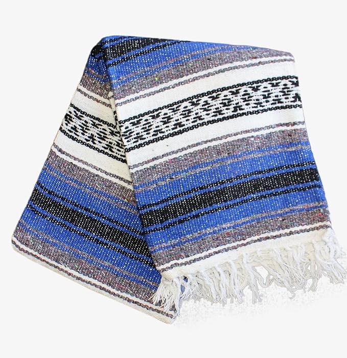 Del Mex Classic Mexican Blanket, Large Authentic Woven Falsa Throw (70"x50"), Artisan Southwest Décor for Beach, Yoga, Outdoors (Blue)