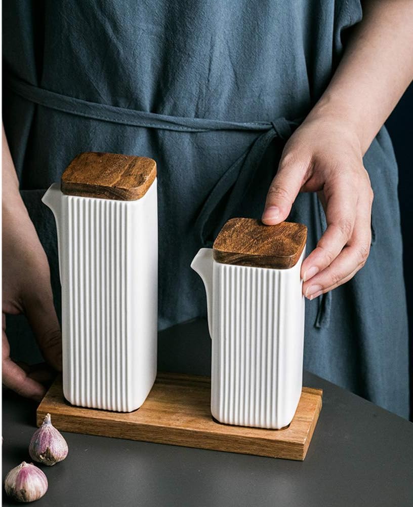 Ceramic Tabletop Liquid Condiment Dispenser, Modern Design for Oil or Vinegar, White