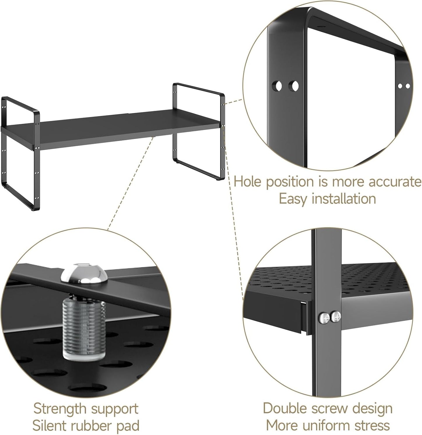 Hole Pattern Expandable Shelf Organizer,2Pack 8.1" Wide Easy to Assemble Cabinet Organizer Shelf, 16.5~27.1" Adjustable Height&Stackable Spice Organization for Cupboard, Black