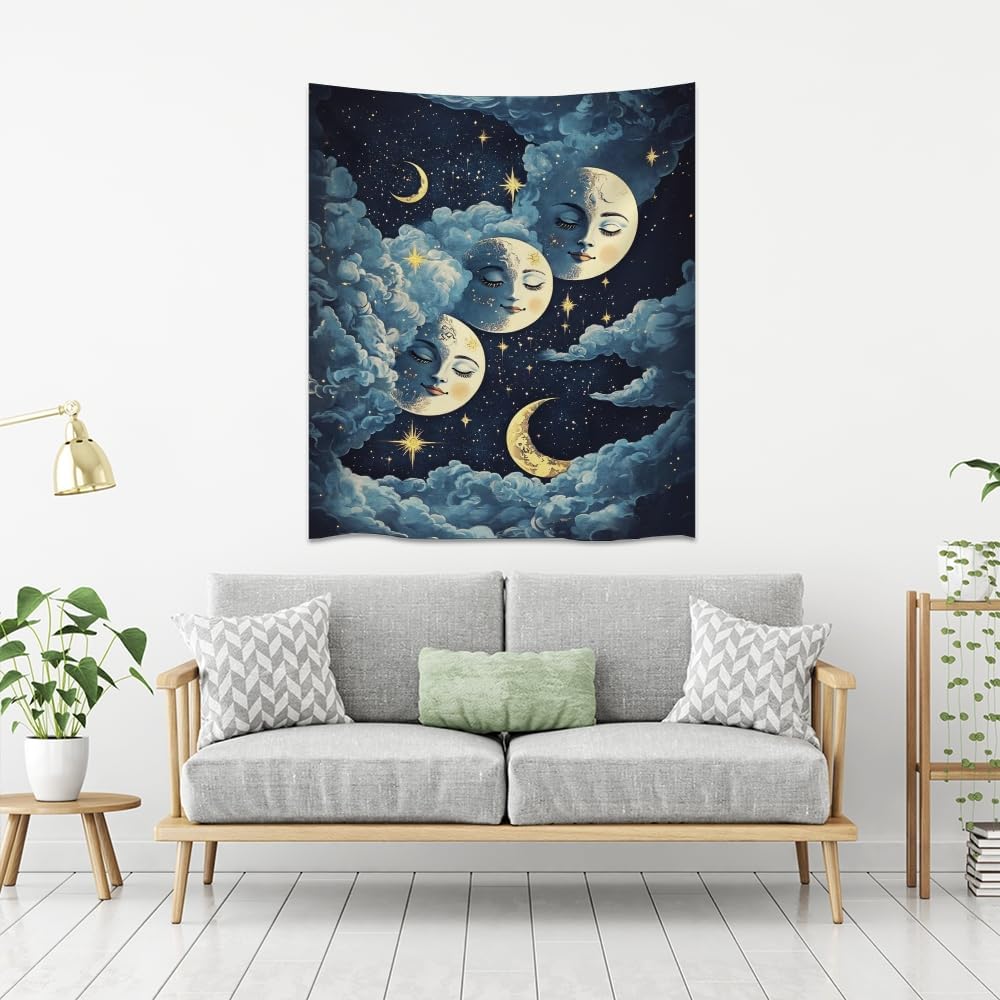 Blue Moon Faces Tapestry Celestial Wall Art Dark Academia Aesthetic Print Stars Clouds Tapestries Wall Hanging whimsical Gothic Home Decor for Bedroom Living Room 30x40inch