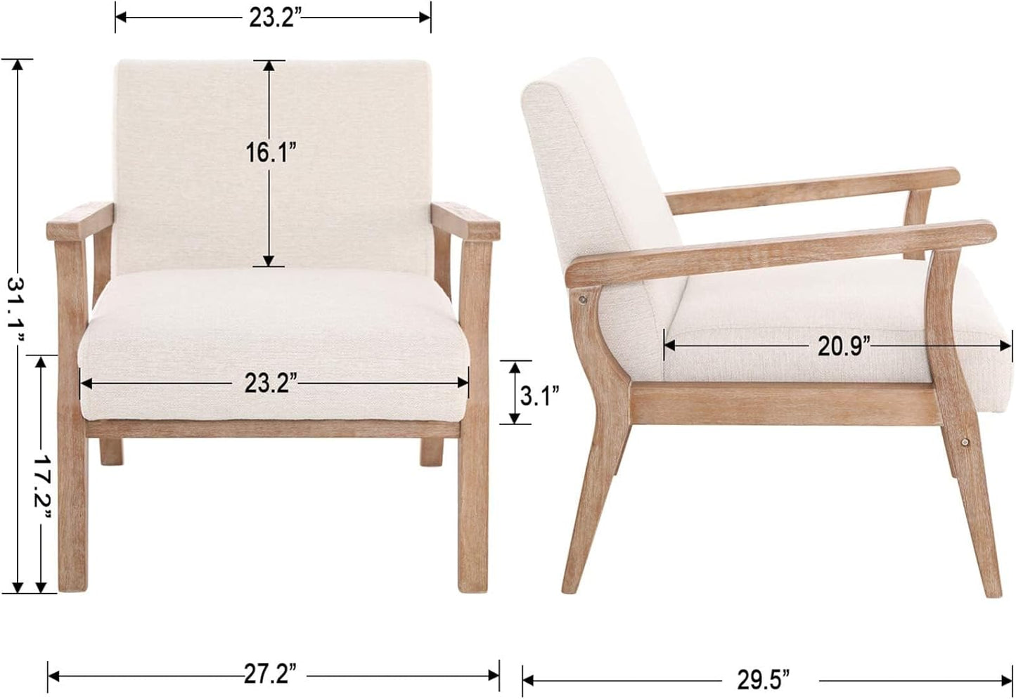 HNY Mid Century Modern Accent Chairs Set of 2 with Wood Frames, Linen Upholstered Living Room Arm Chairs for Living Room, Bedroom, Ivory